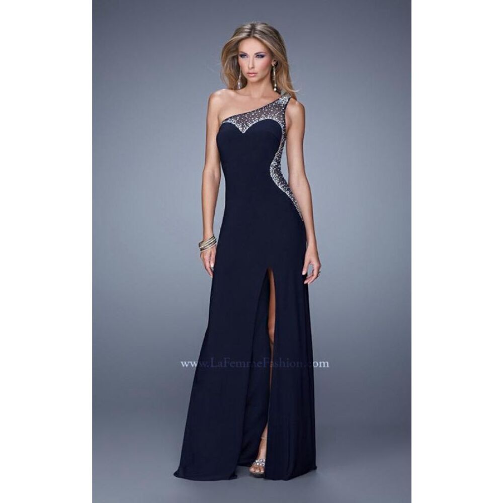 La Femme One Shoulder Sheer Rhinestone Formal Maxi Dress in Navy Blue Size 0